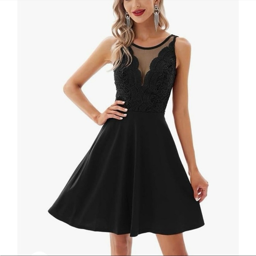 Womens Lace Patchwork High Waist Slim Fit A-Line Flare Dress L Black, Size: L